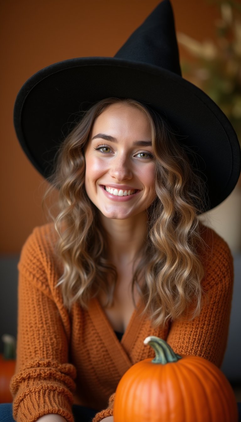 21 Spooky Cute Halloween Hairstyles 14 Witch Hat Peek With Soft Face-Framing Curls