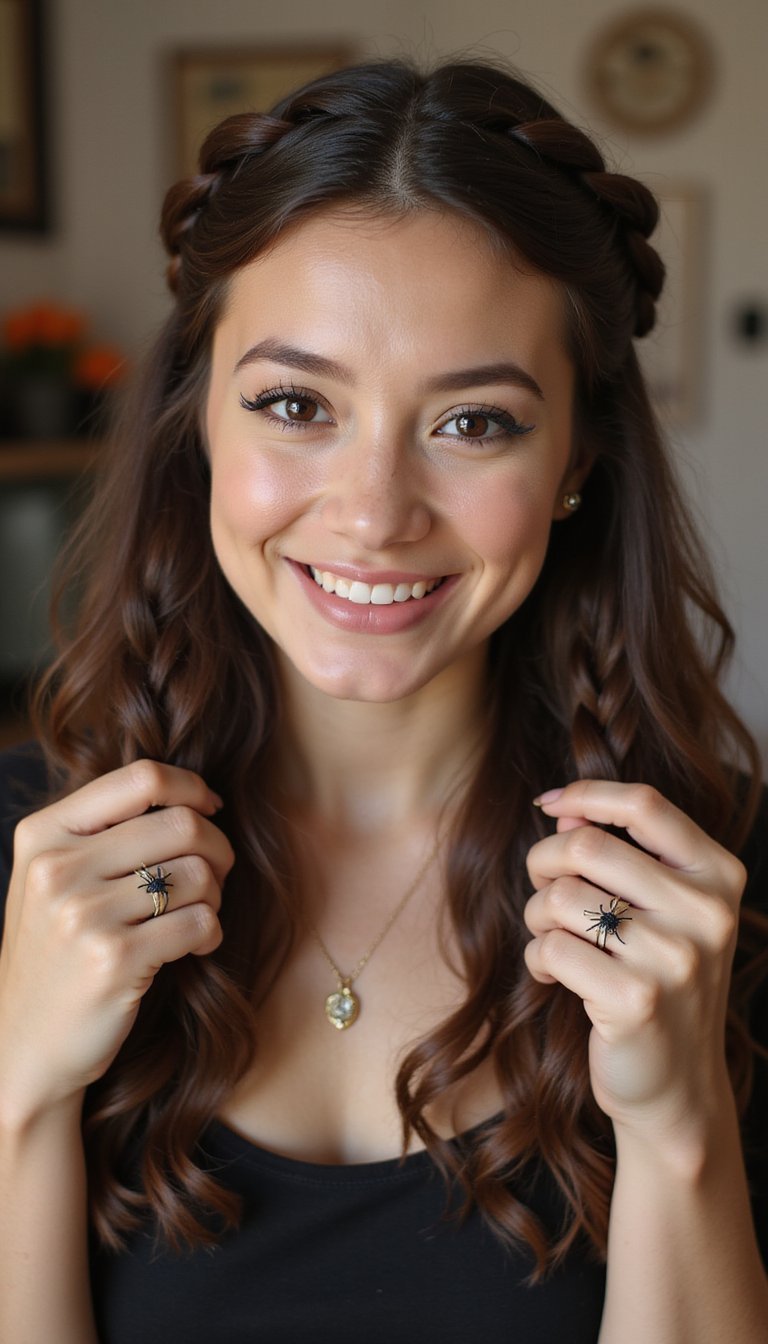 21 Spooky Cute Halloween Hairstyles 1 Witchy Braided Crown With Tiny Spiders