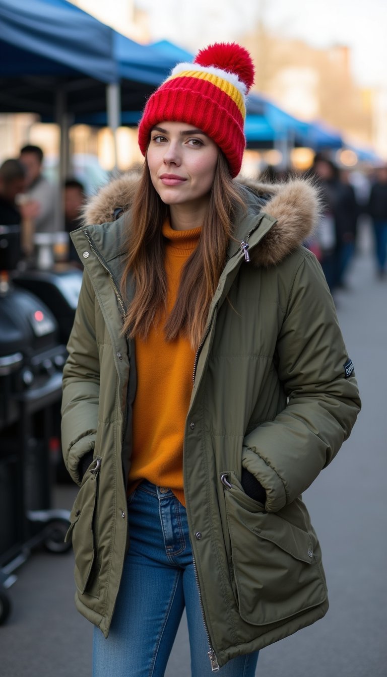 21 Super Bowl Party Outfit Ideas 15 Color-Blocked Pompom Beanie And Parka Combo
