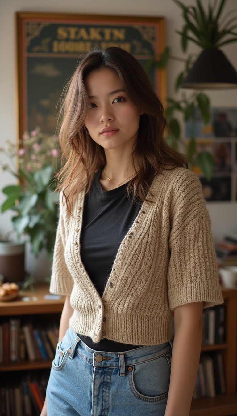 21 Super Bowl Party Outfit Ideas 19 Cropped Knit Cardigan Over Band Tee And Jeans