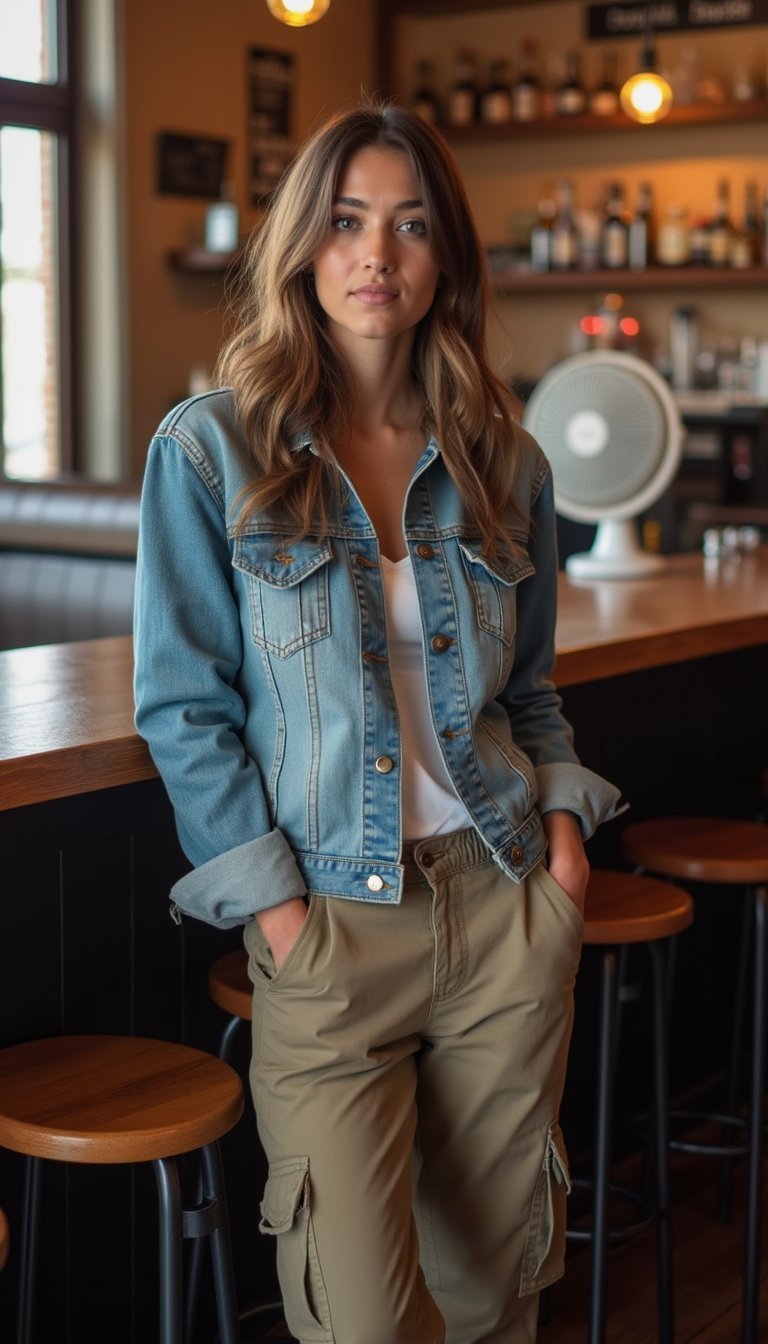 21 Super Bowl Party Outfit Ideas 16 Cuffed Denim Jacket With Slim Cargo Pants