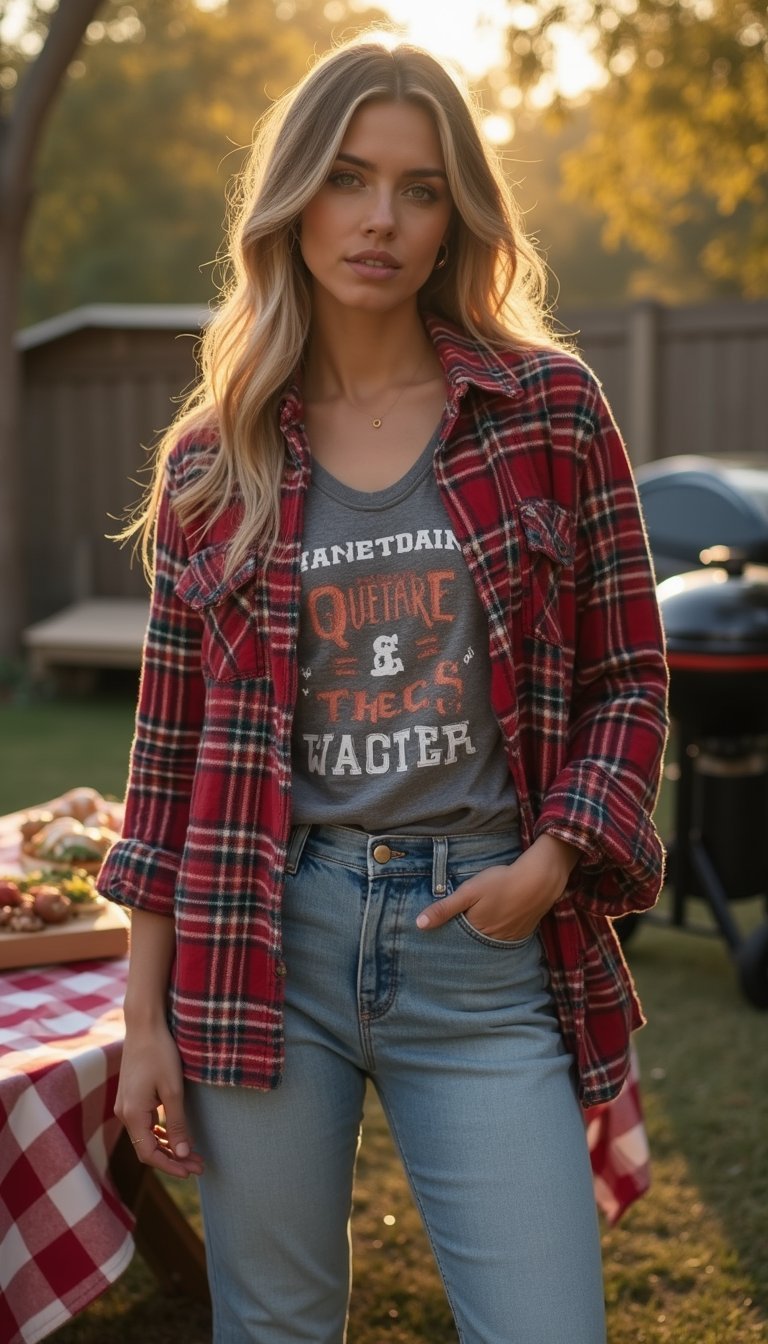 21 Super Bowl Party Outfit Ideas 5 Oversized Flannel Shirt Over Graphic Tee
