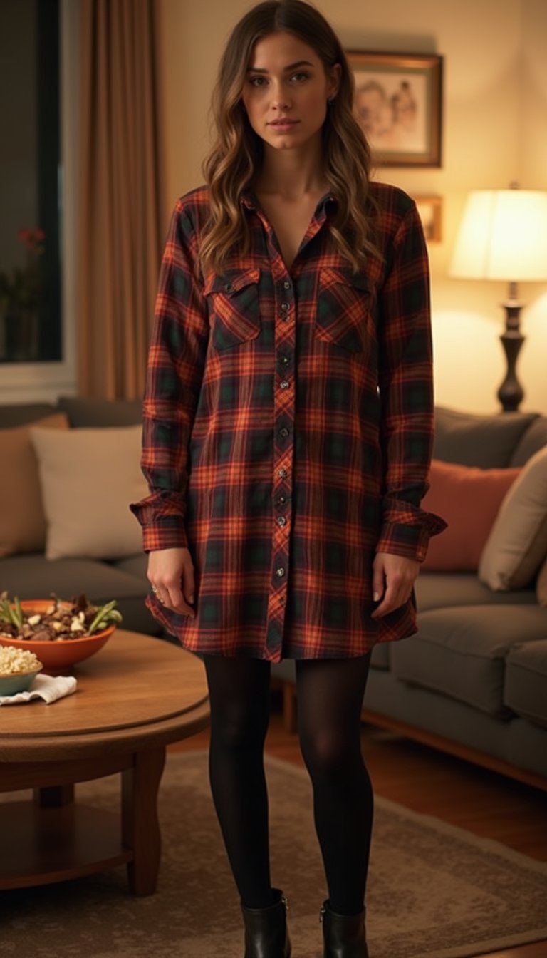 21 Super Bowl Party Outfit Ideas 18 Plaid Shirt Dress With Tights And Chelsea Boots