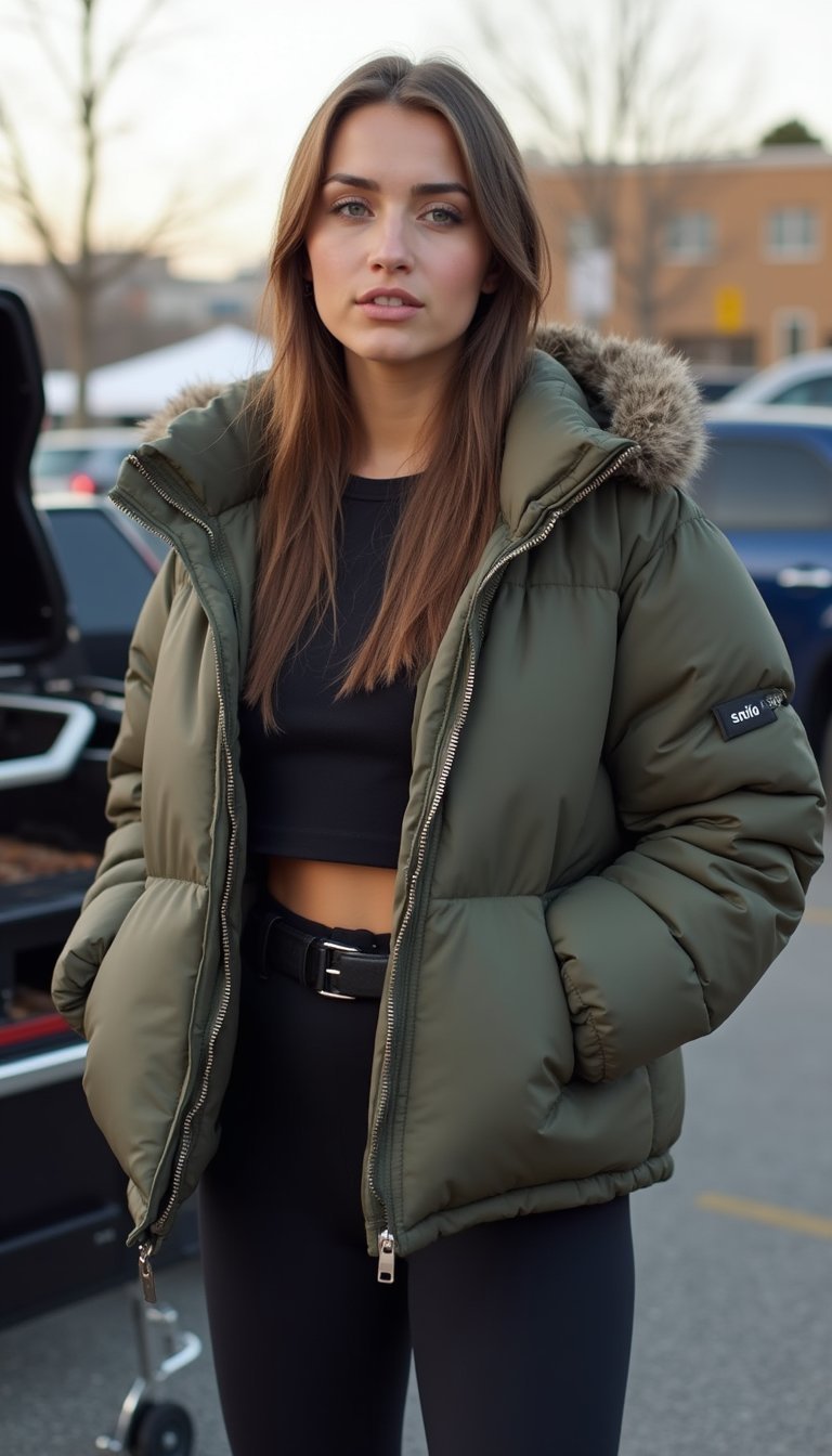 21 Super Bowl Party Outfit Ideas 8 Puffer Jacket Arrival Outfit With Comfy Leggings