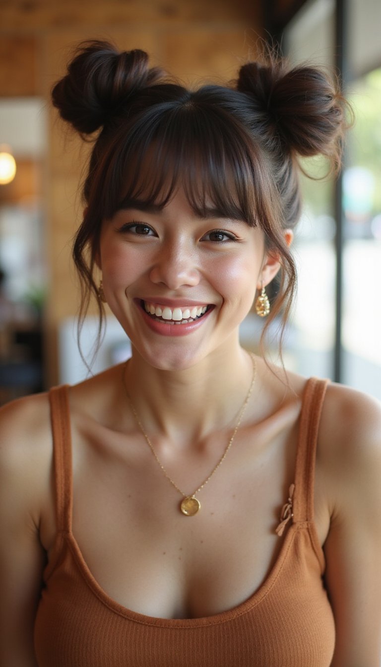 Playful Double Top Knots With Wispy Bangs