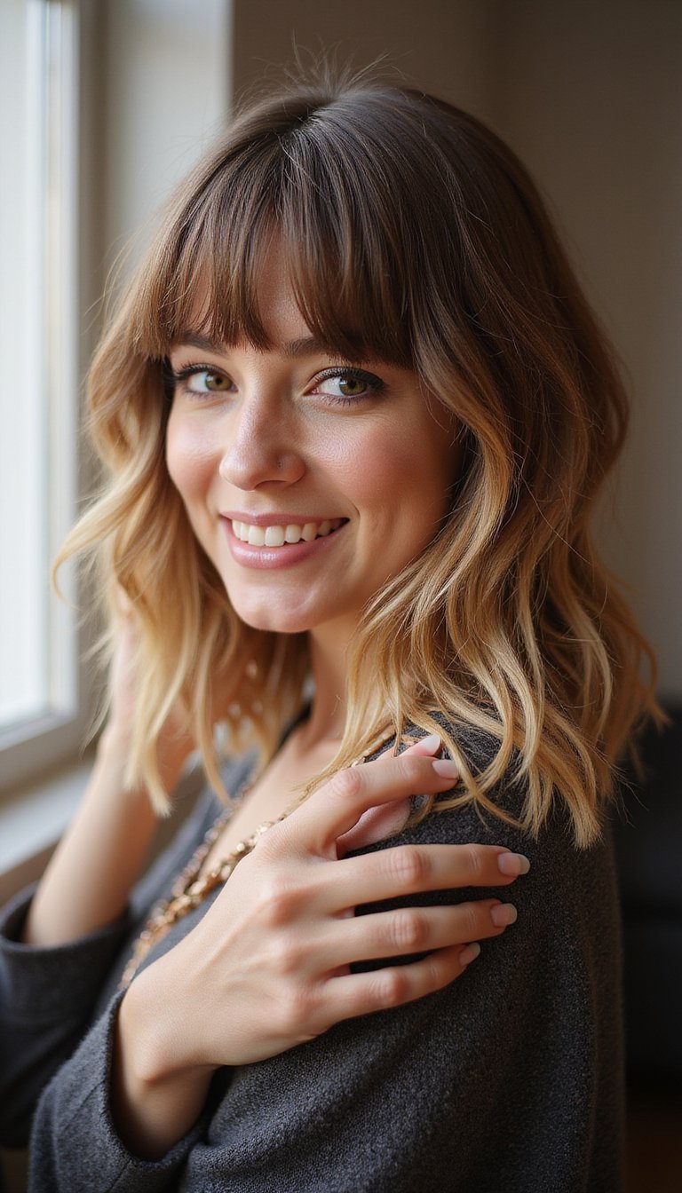 Textured Lob With Breezy Curtain Bangs