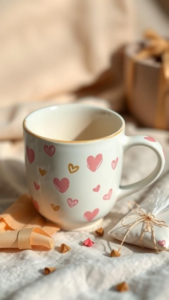 21 Sweet Galentine's Day DIY Gift Crafts 9 Hand-Painted Ceramic Mug With Mini Hearts