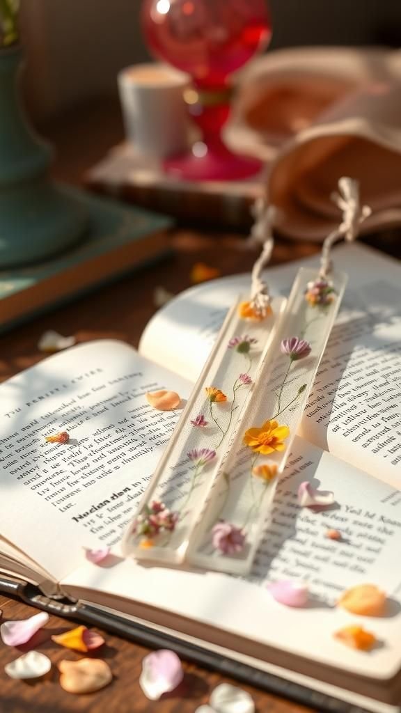 21 Sweet Galentine's Day DIY Gift Crafts 6 Pressed Flower Resin Bookmarks With Twine Tassels