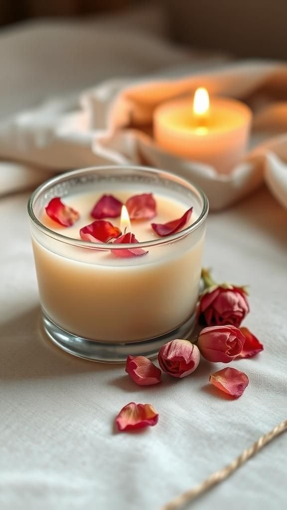 21 Sweet Galentine's Day DIY Gift Crafts 14 Soy Wax Candle With Dried Rose Petal Accent