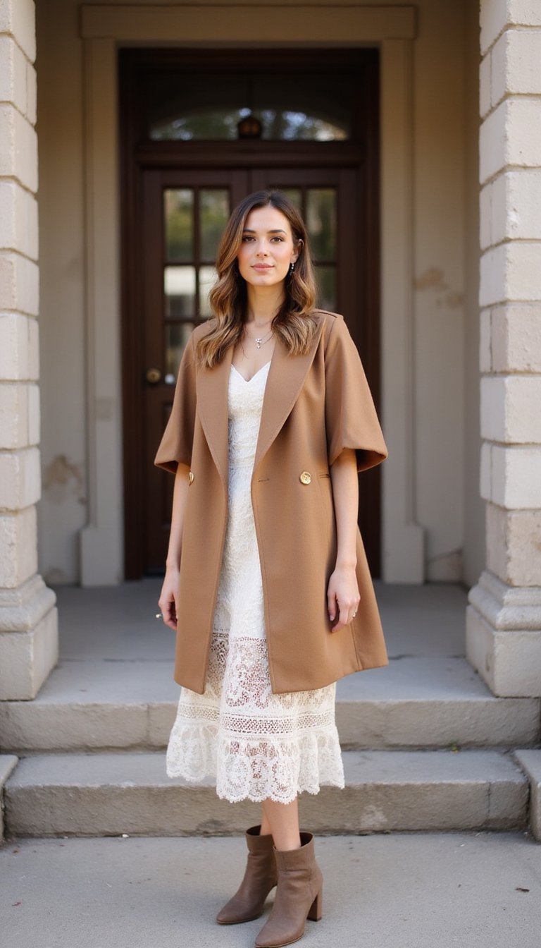 21 Thanksgiving Dinner Outfit Ideas 14 Cape Coat Over Lace Midi Dress