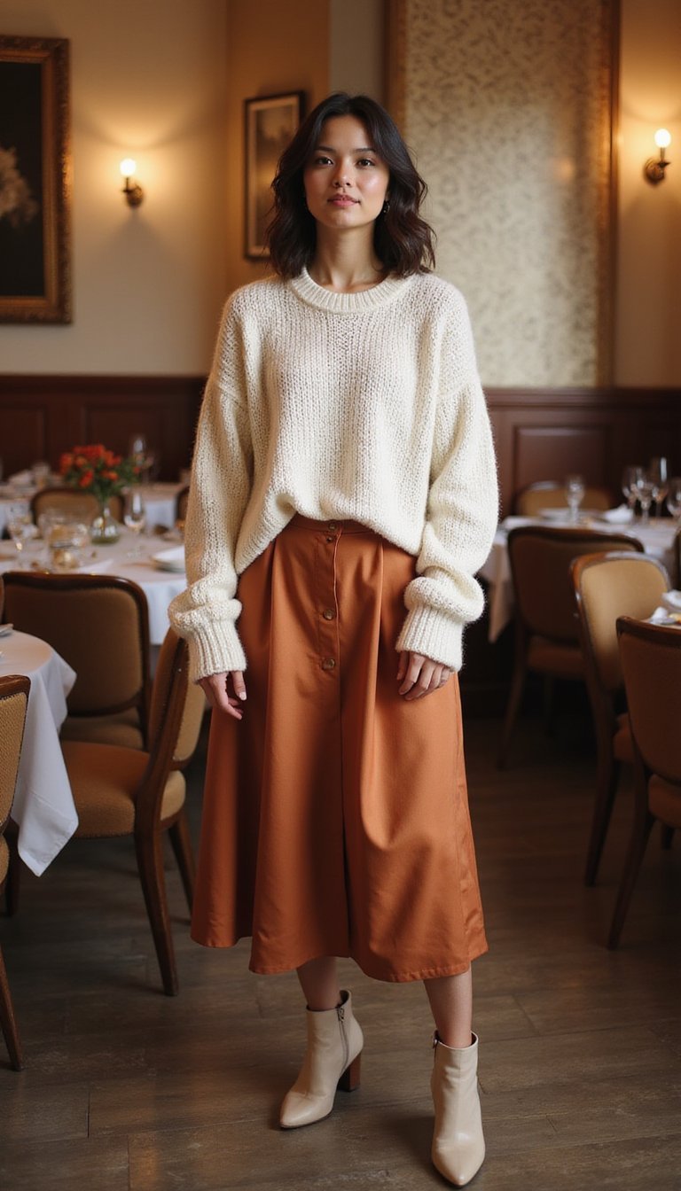 21 Thanksgiving Dinner Outfit Ideas 1 Chunky Knit Sweater With Satin Midi Skirt