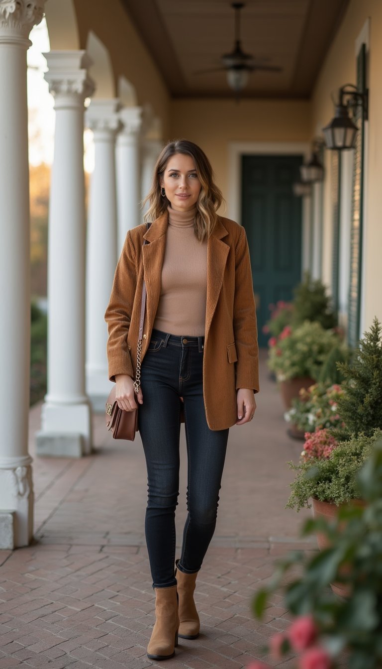 21 Thanksgiving Dinner Outfit Ideas 3 Corduroy Blazer Paired With High Waisted Jeans