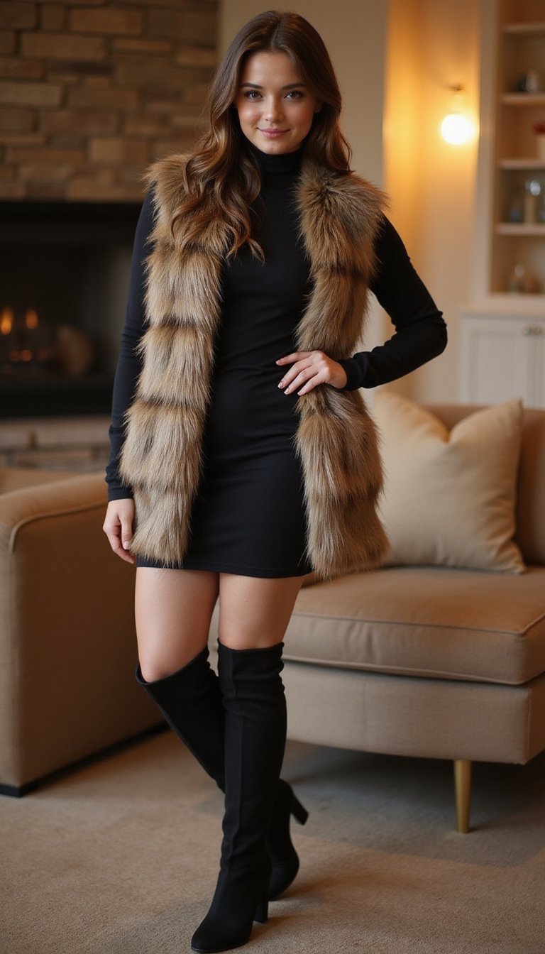21 Thanksgiving Dinner Outfit Ideas 19 Faux Fur Vest Over Turtleneck Dress