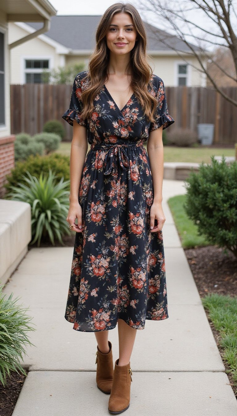 21 Thanksgiving Dinner Outfit Ideas 15 Floral Midi Dress With Suede Boots