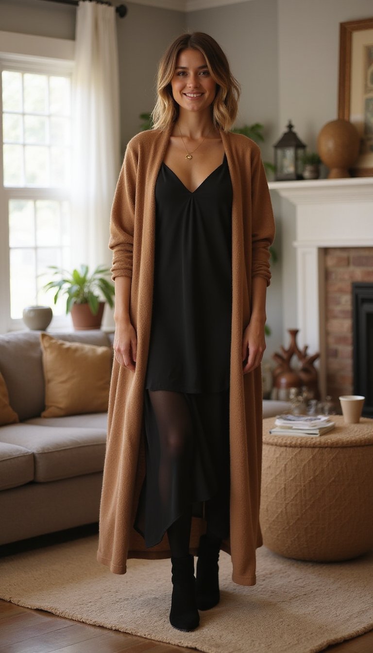 21 Thanksgiving Dinner Outfit Ideas 12 Maxi Cardigan Over Slip Dress Combo