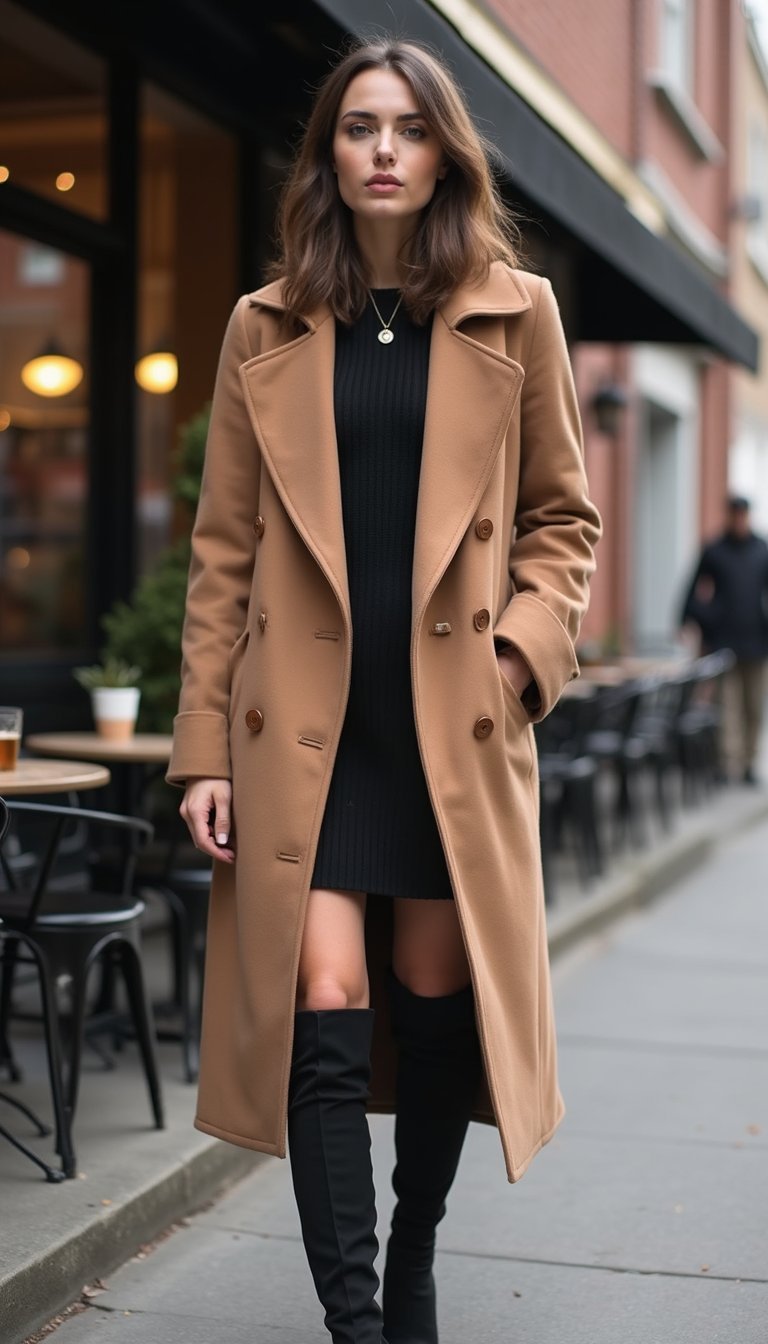 21 Thanksgiving Dinner Outfit Ideas 9 Monochrome Camel Coat And Knit Dress