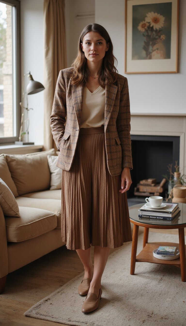 21 Thanksgiving Dinner Outfit Ideas 8 Plaid Blazer With Pleated Midi Skirt