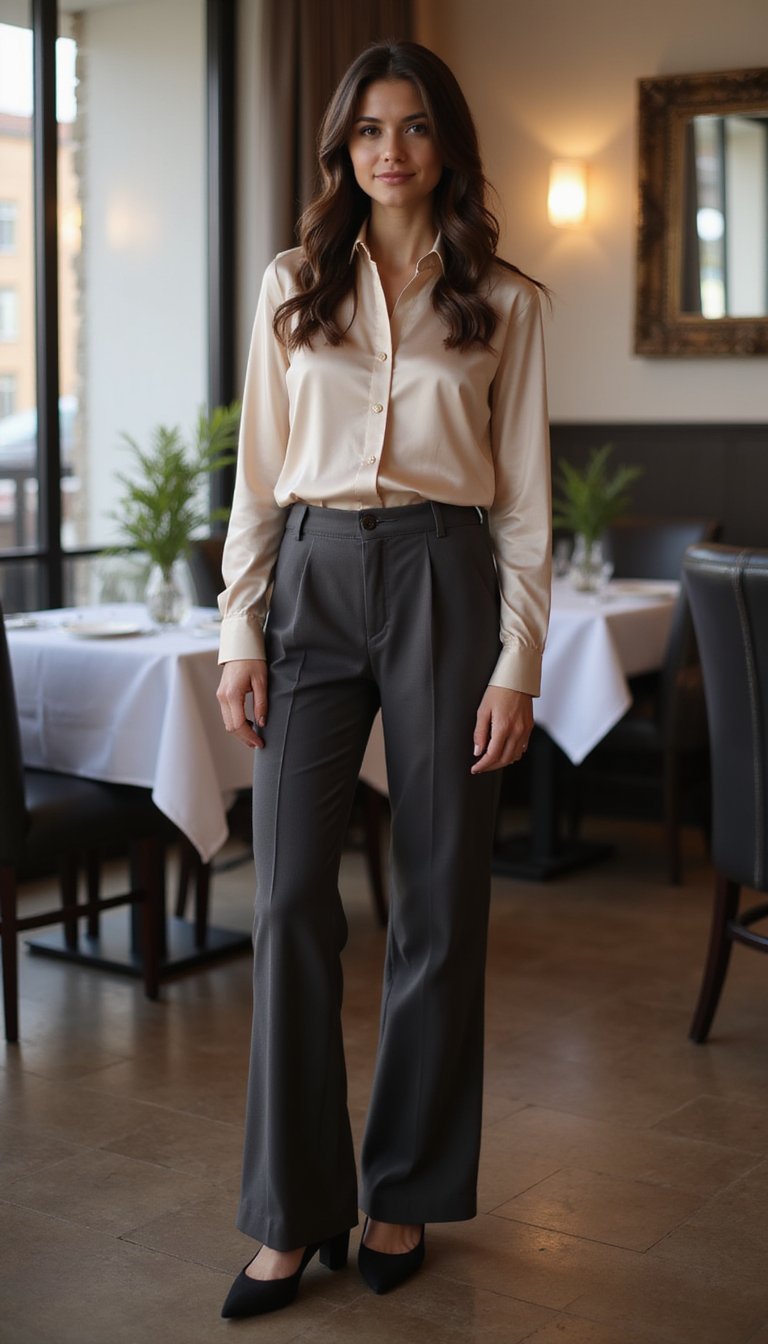 21 Thanksgiving Dinner Outfit Ideas 4 Silk Blouse With Wide Leg Trousers