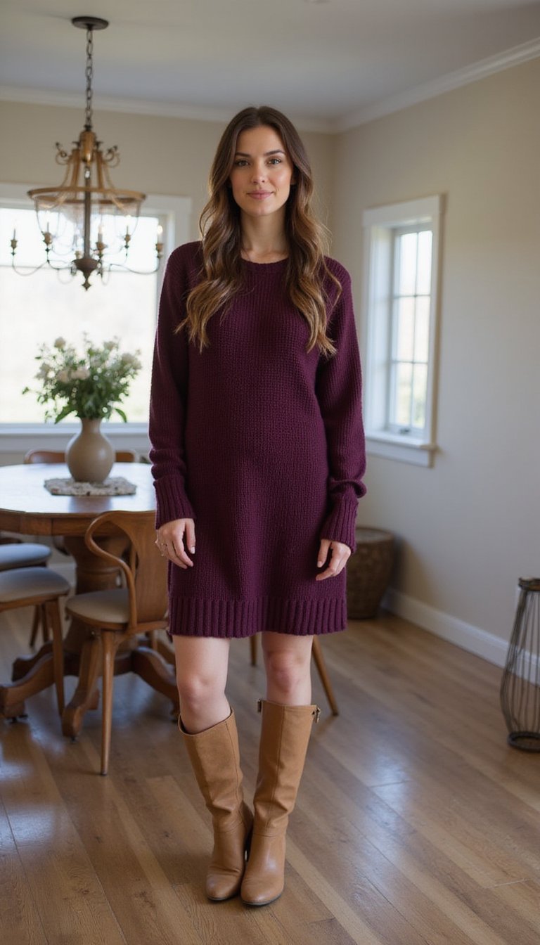 21 Thanksgiving Dinner Outfit Ideas 20 Sweater Dress With Knee High Boots