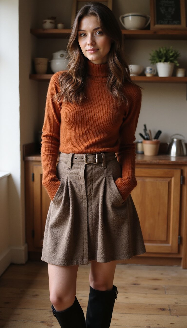21 Thanksgiving Dinner Outfit Ideas 5 Turtleneck Sweater And A-Line Wool Skirt