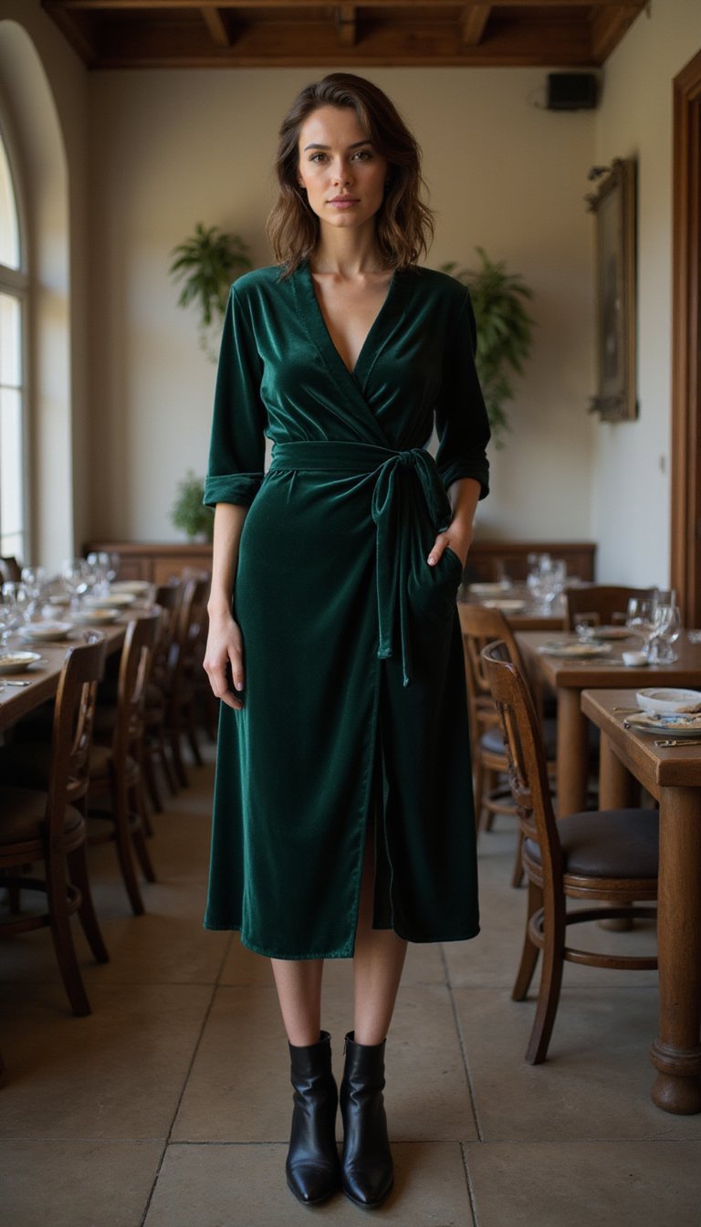21 Thanksgiving Dinner Outfit Ideas 2 Velvet Wrap Dress With Heeled Boots