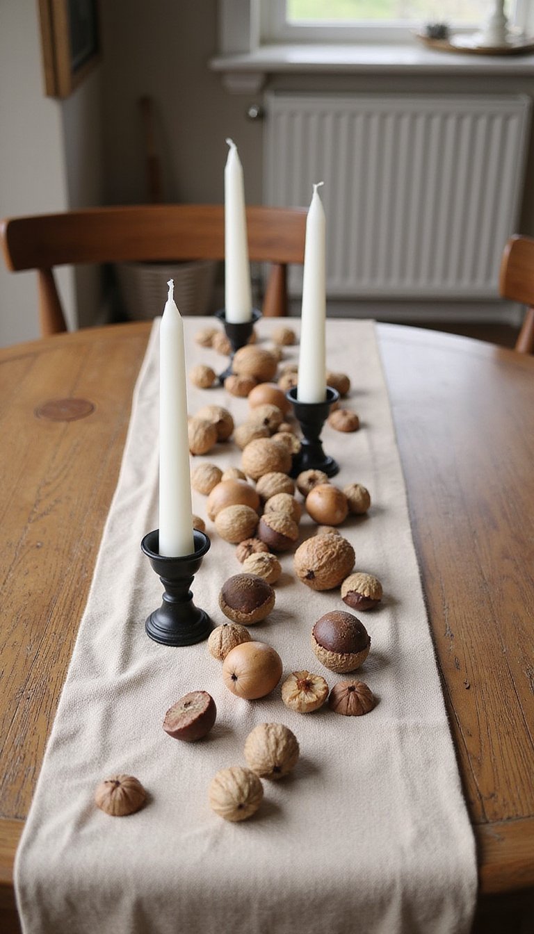 21 Thanksgiving Table Centerpiece DIY Ideas 9 Acorn And Walnut Scatter With Taper Candles