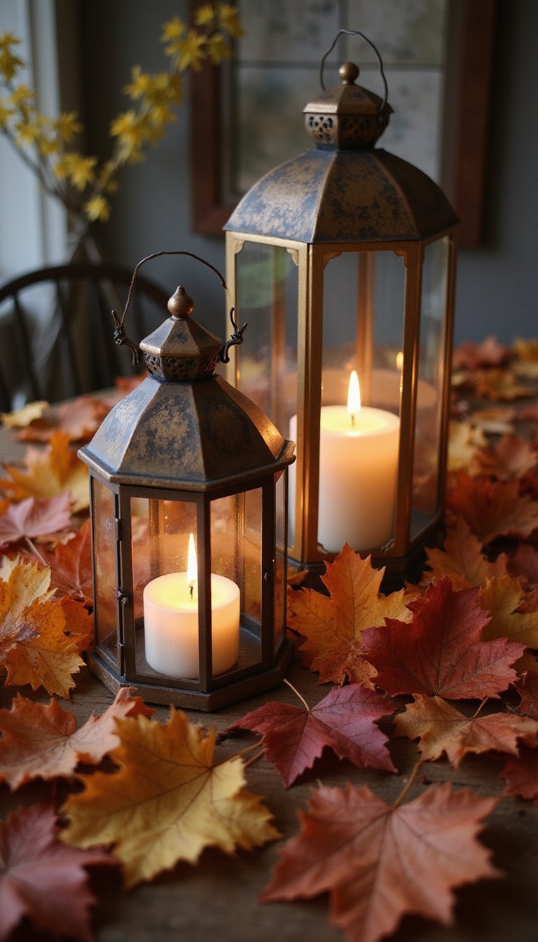 21 Thanksgiving Table Centerpiece DIY Ideas 13 Lantern Cluster Surrounded By Fall Leaves