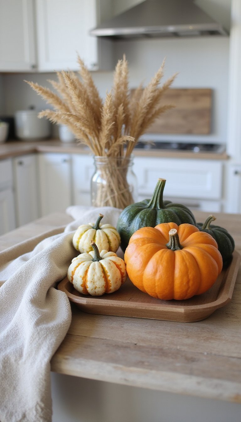 21 Thanksgiving Table Centerpiece DIY Ideas 11 Layered Tray Of Gourds And Textured Linens