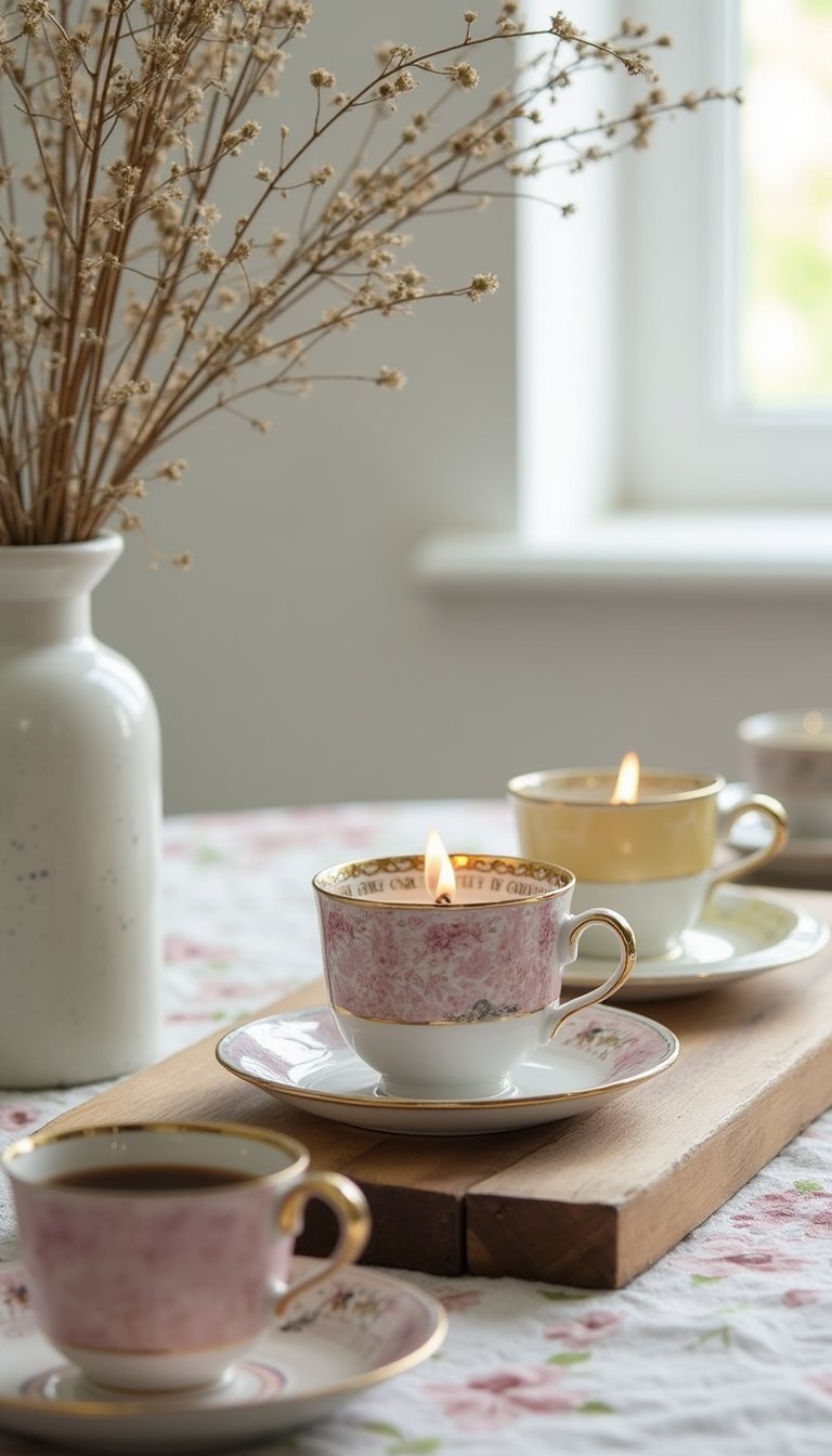 21 Thrift Flip Home Decor Upcycles 15 Tea-Cup Candle Holders On A Reclaimed Tray