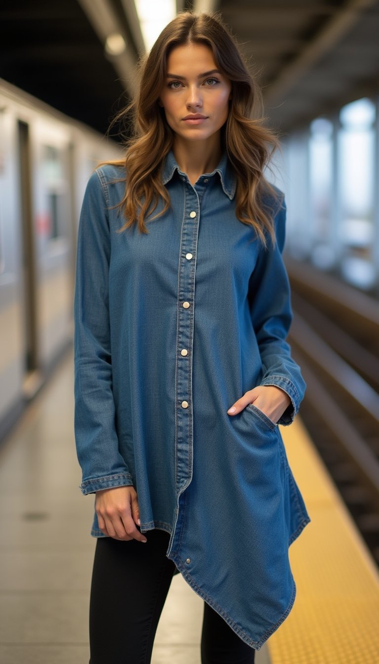 21 Upcycled Denim Outfit Ideas 16 Asymmetric Denim Tunic Paired With Leggings