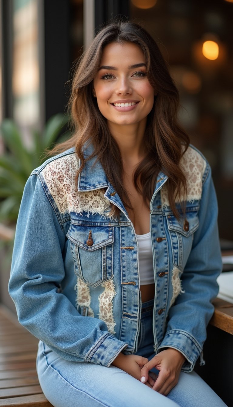 21 Upcycled Denim Outfit Ideas 2 Denim Jacket With Lace Insert And Raw Edges
