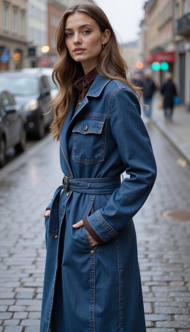21 Upcycled Denim Outfit Ideas 9 Denim Trench Coat With Contrast Yoke And Belt