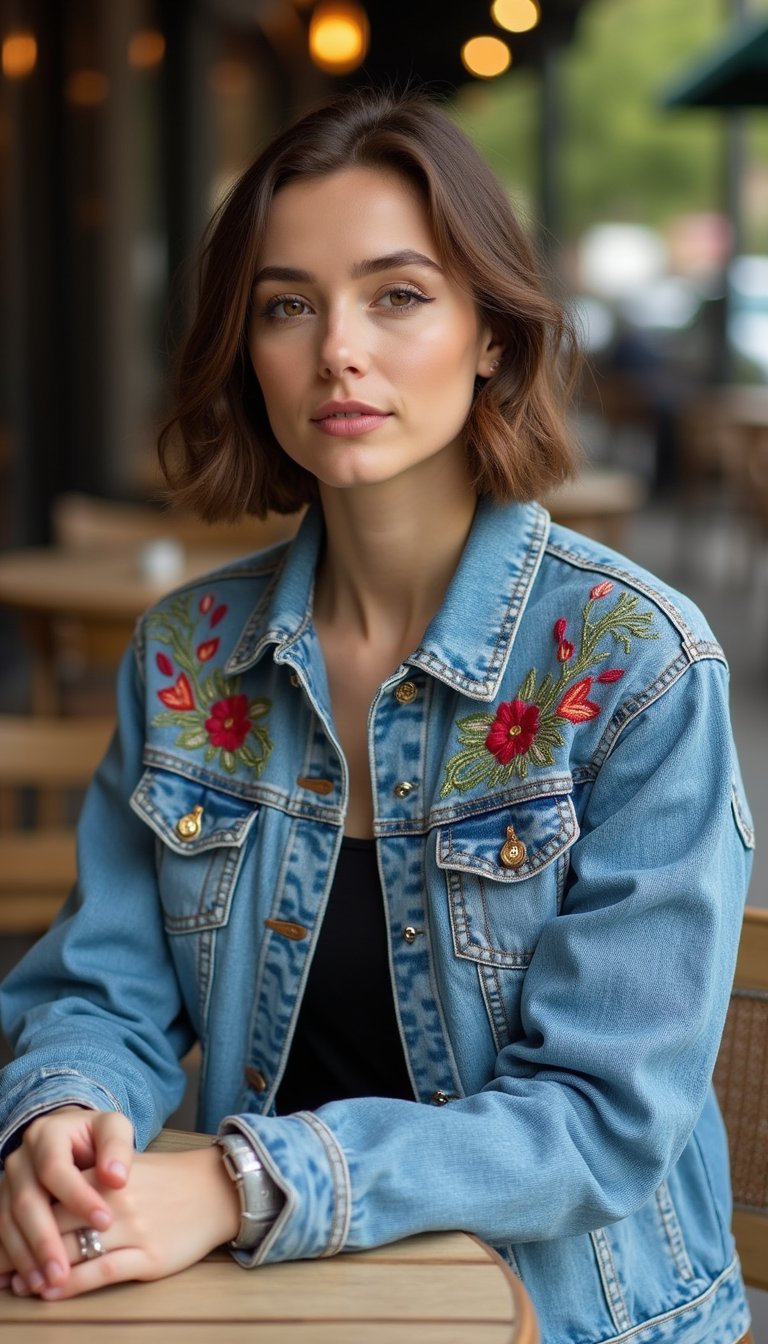21 Upcycled Denim Outfit Ideas 19 Embroidered Denim Jacket For Brunch And Errands