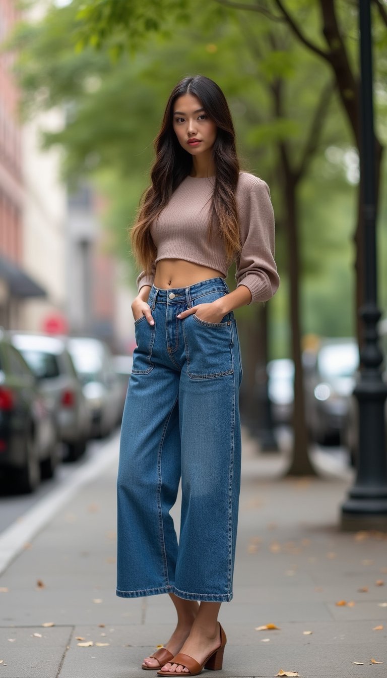 21 Upcycled Denim Outfit Ideas 3 High-Waist Denim Culottes With Patch Pocket Detail