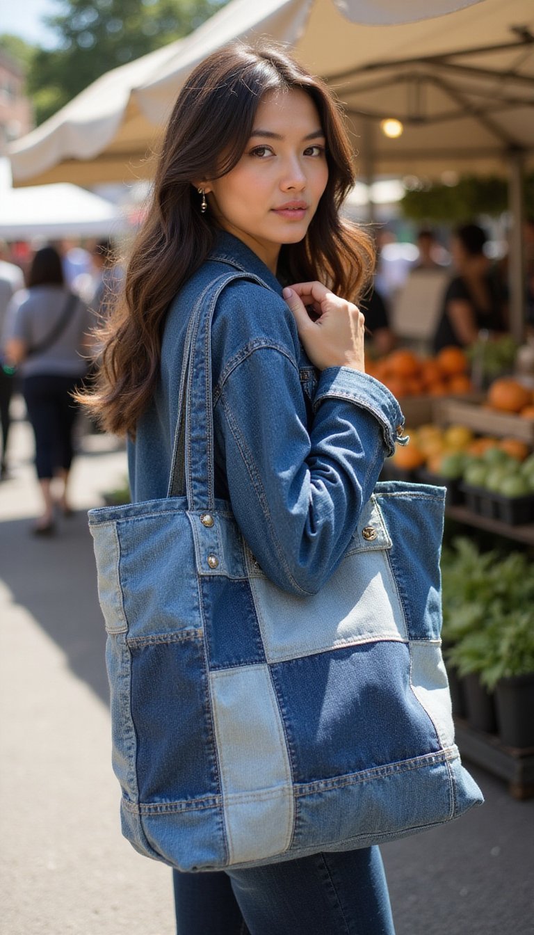 21 Upcycled Denim Outfit Ideas 15 Patchwork Denim Tote And Jacket Mix For Errands