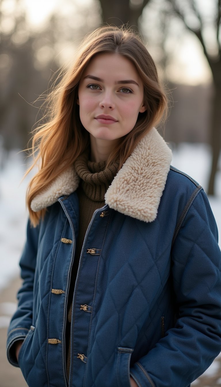 21 Upcycled Denim Outfit Ideas 21 Quilted Denim Coat With Shearling Collar For Cozy Days