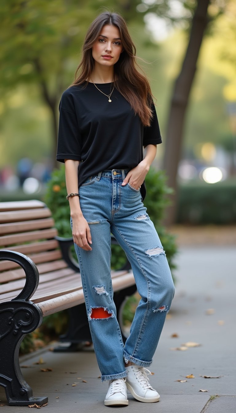 21 Upcycled Denim Outfit Ideas 8 Raw-Hem Straight Jeans With Color-Block Patches