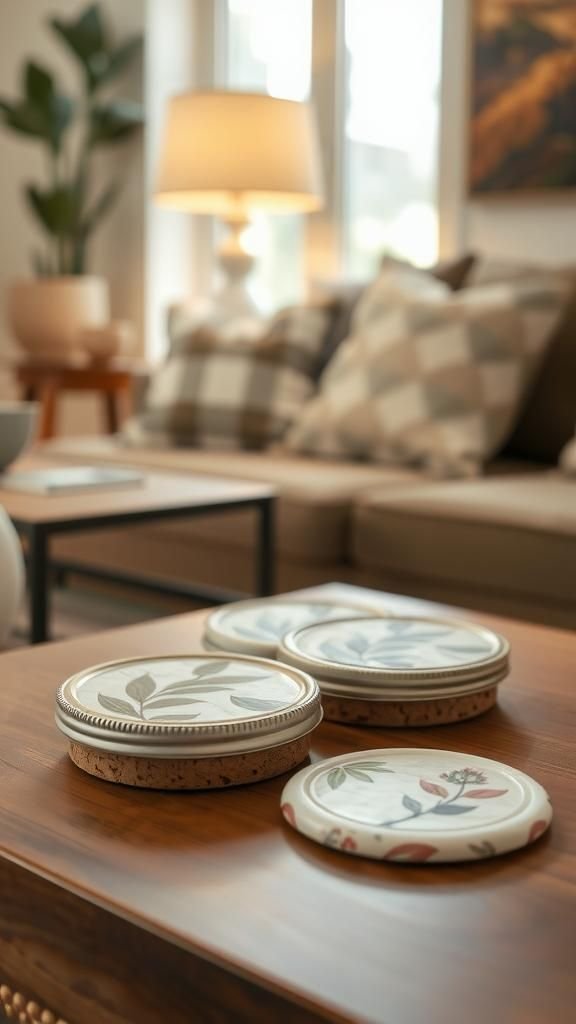 21 Upcycled Jar Lid Crafts 10 Decorative Jar Lid Coaster Set With Texture