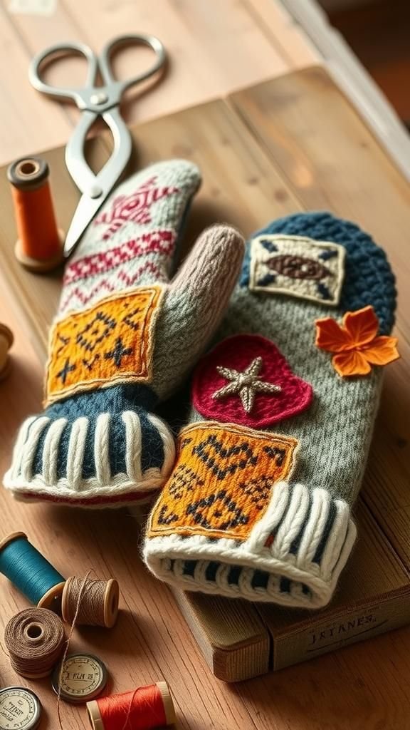 21 Upcycled Sweater Mitten Sewing Projects 15 Seamed Patch Embellished Mittens With Rustic Look