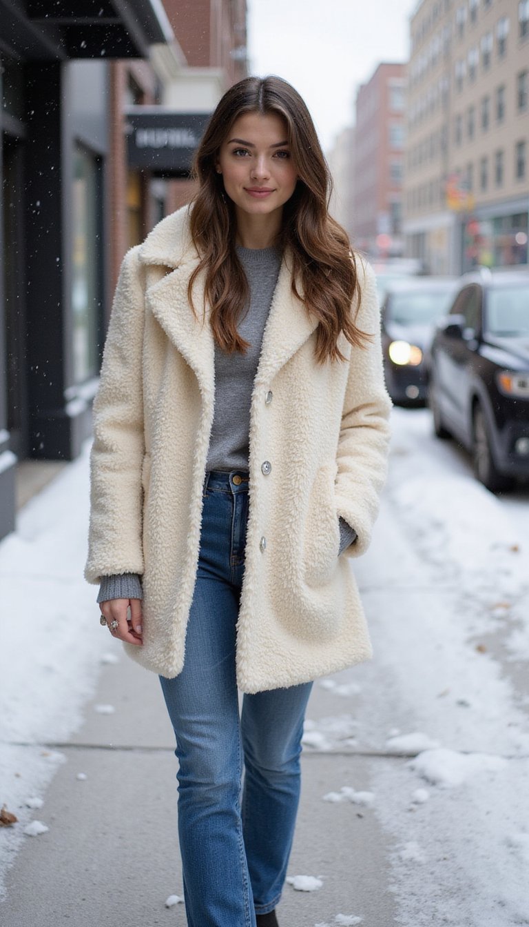 Cozy Shearling Coat With High-Rise Denim