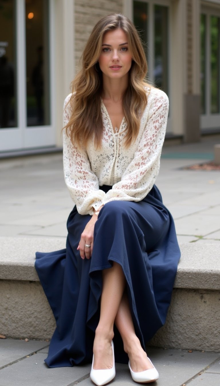 Lace Blouse With Wide-Leg Culottes And Flats