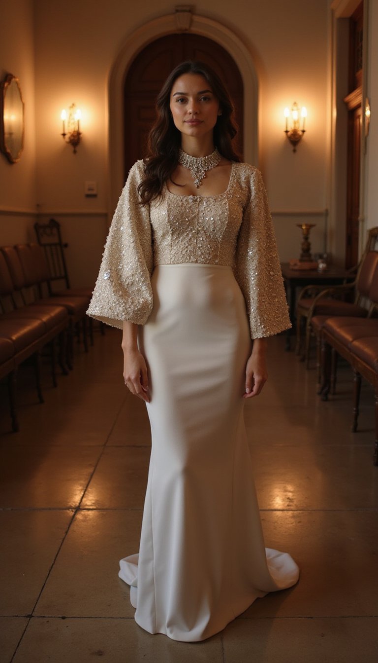 Embellished Capelet Over Minimal Column Gown
