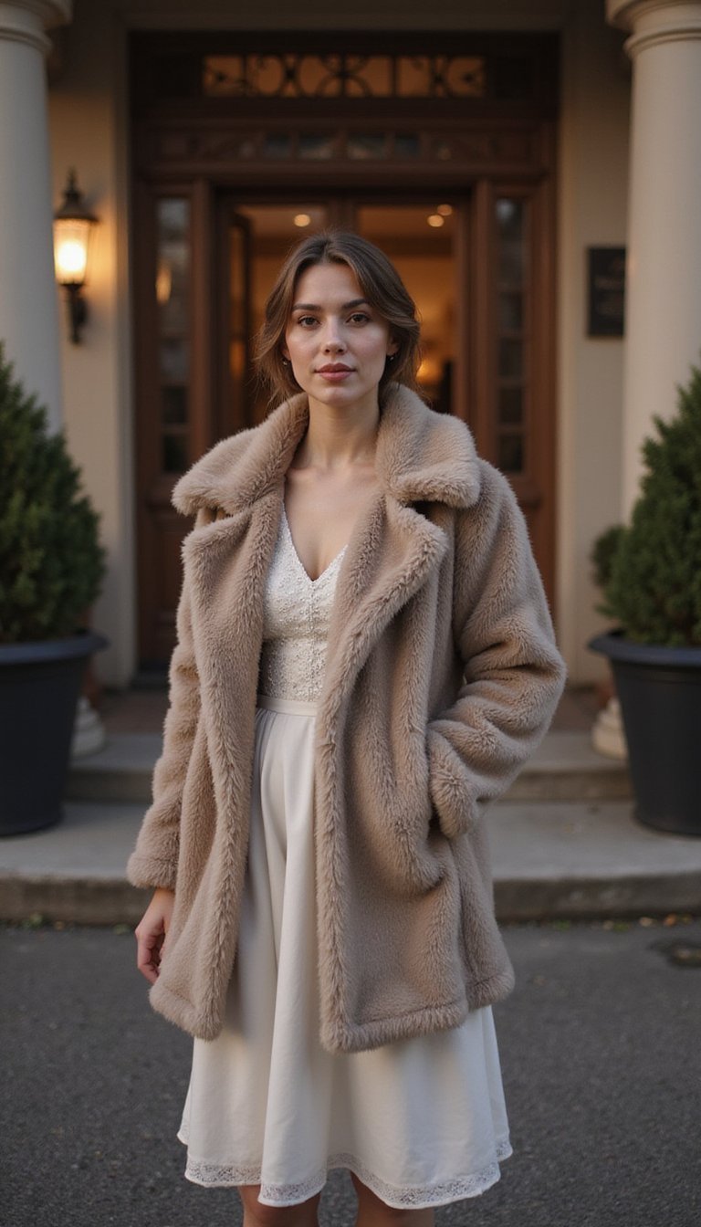 Faux Fur Coat Over Tea Length Dress
