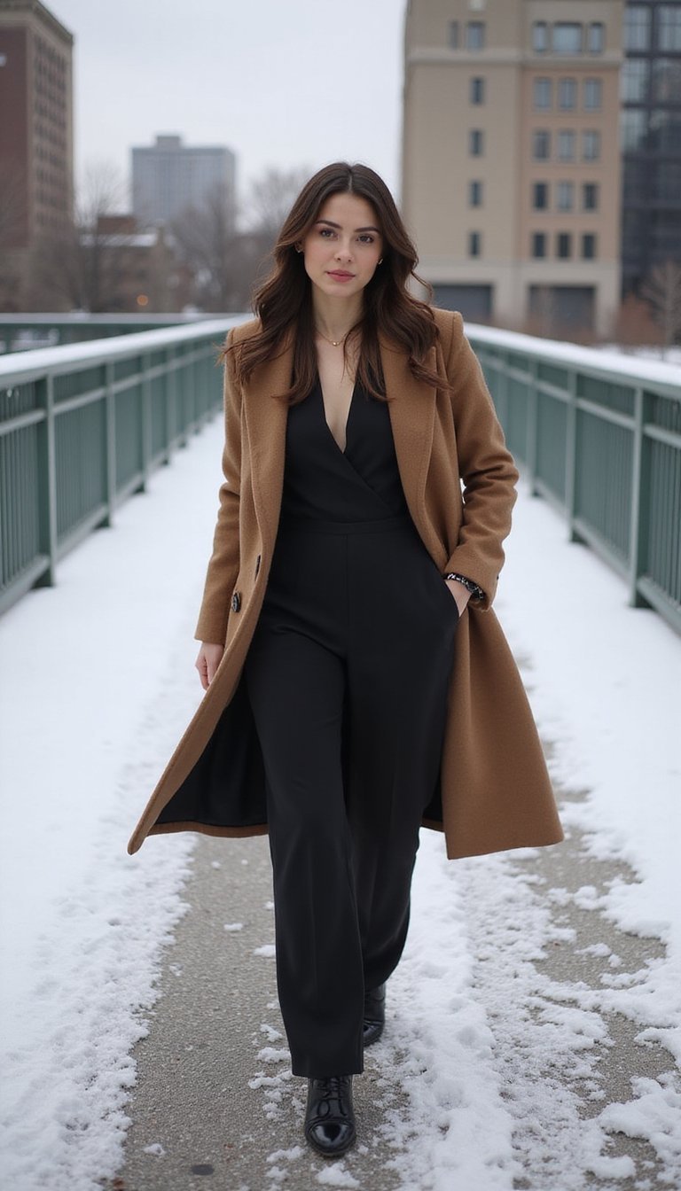 Structured Wool Coat Over Sleek Jumpsuit