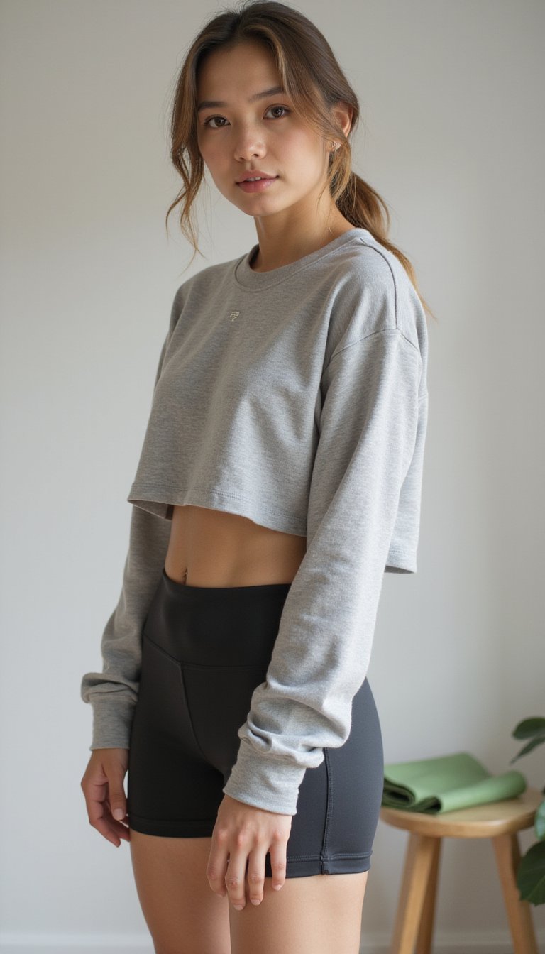 21 Work From Home Loungewear Outfits 10 Cropped Sweatshirt Over High-Rise Bike Shorts