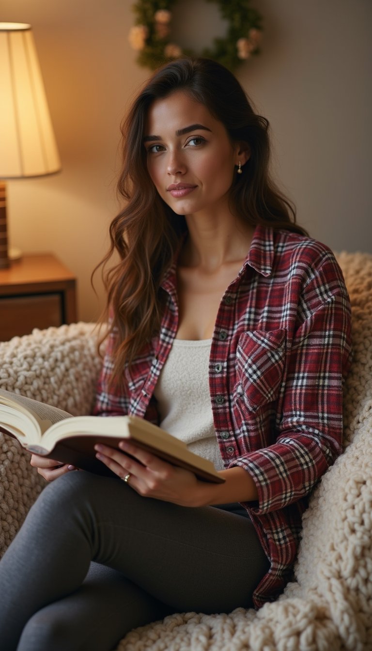 21 Work From Home Loungewear Outfits 14 Fleece-Lined Leggings With Oversized Button-Up Shirt