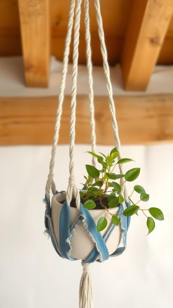 21 Boho Macrame Plant Hanger Tutorials 13 Recycled fabric cord hanger with frayed edges