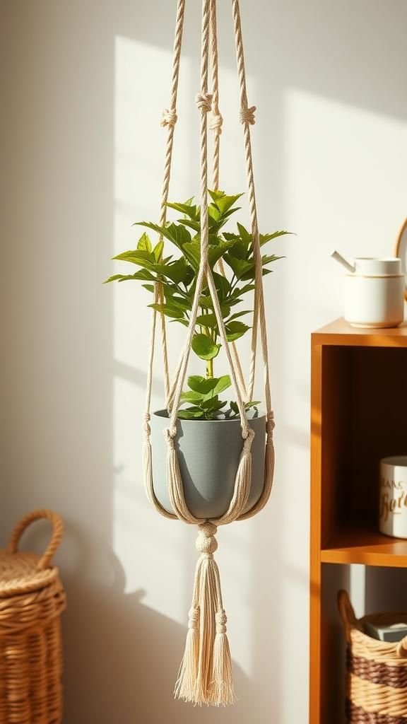 21 Boho Macrame Plant Hanger Tutorials 5 Tassel-accented hanger with layered textures