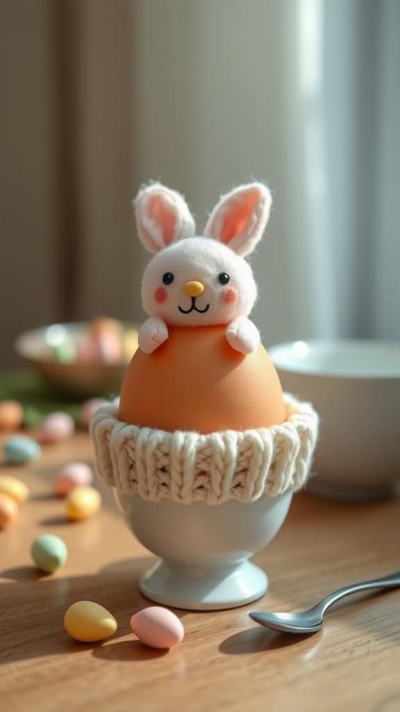 Easter egg cozy topped with a tiny bunny