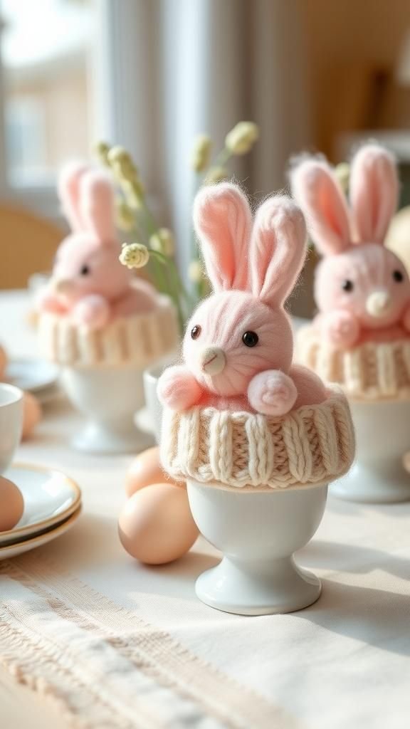 Pom-pom bunny egg cup cozy centerpiece